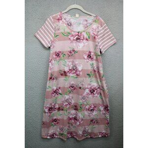 7th Ray Short Sleeve Striped Floral Dress-Pockets-Size Medium-Cottagecore